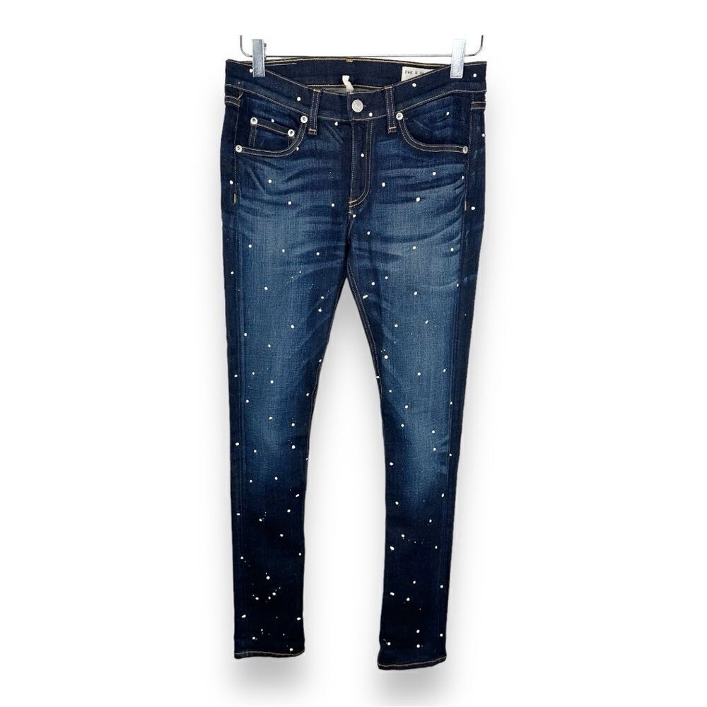 Rag & Bone Dark Wash Mid-Rise Splatter Paint Anfield Skinny Jeans 28